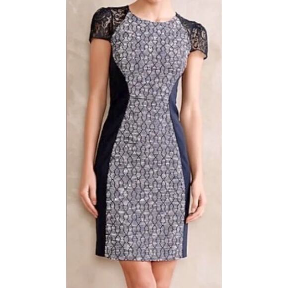 Moulinette Soeurs Anthropologie blue tweed lace short sleeve fitted Dress Sz 8 - Picture 1 of 7